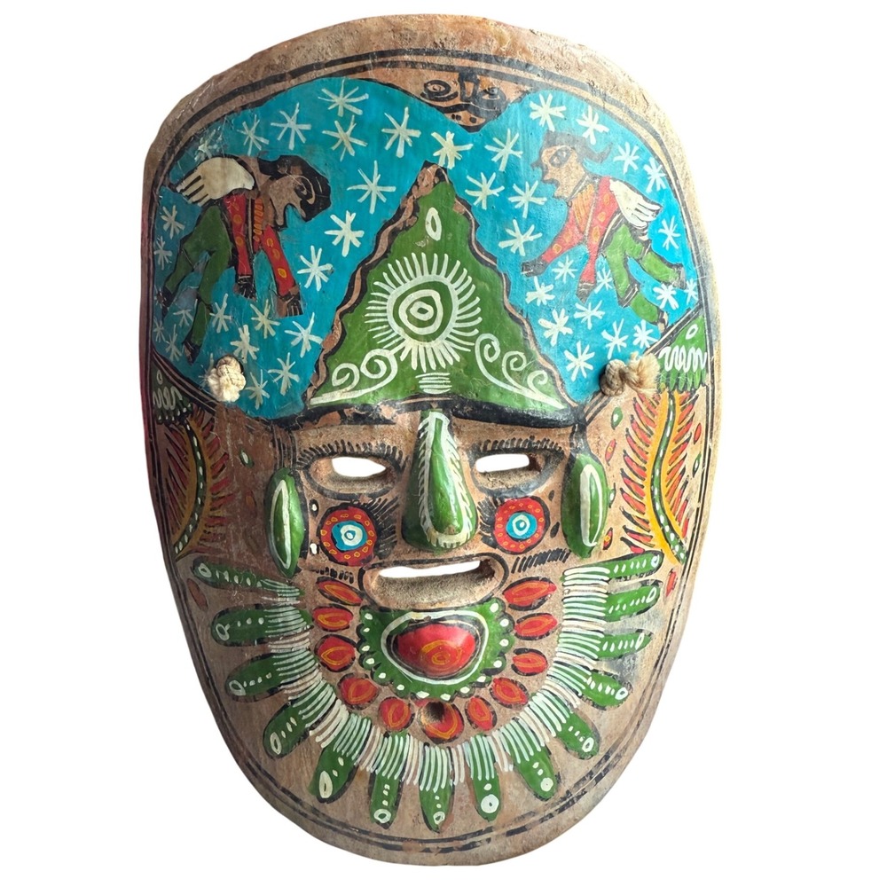 Vintage Peruvian Folk‎ Art Hand Painted Clay Mask Wall Decor